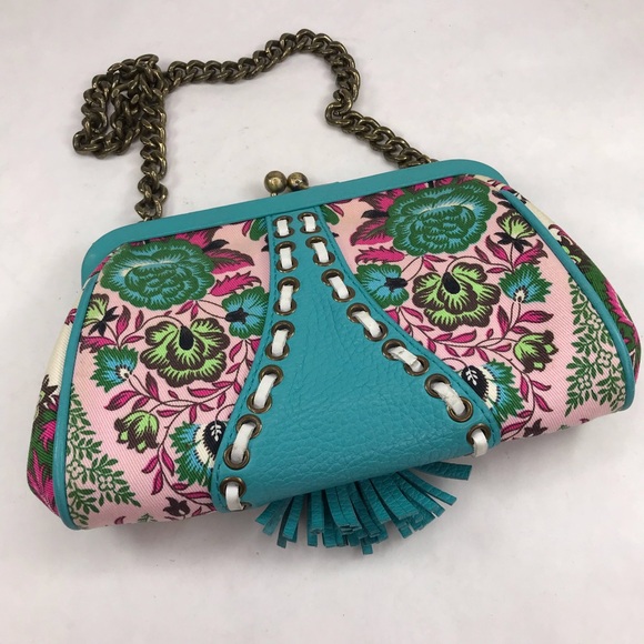 Isabella Fiore Canvas Leather Clutch Shoulder Bag Paisley Teal Pink Tassel Purse - Picture 7 of 12